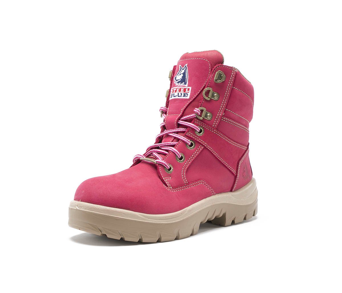Angled Front View of Steel Blue Southern Cross Ladies Safety Boot in Pink