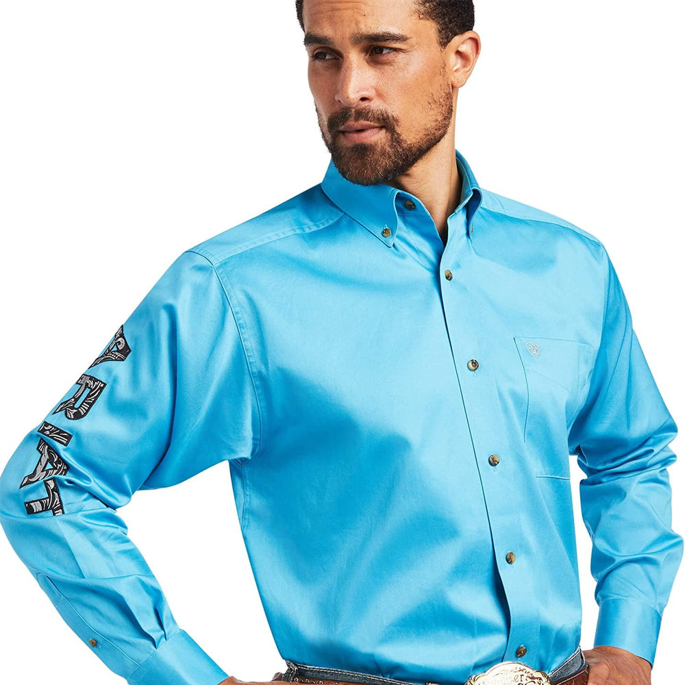 
                  
                    Close-up of Ariat Men's Team Logo Twill Classic Fit Shirt in Riveria/Leather Tool
                  
                