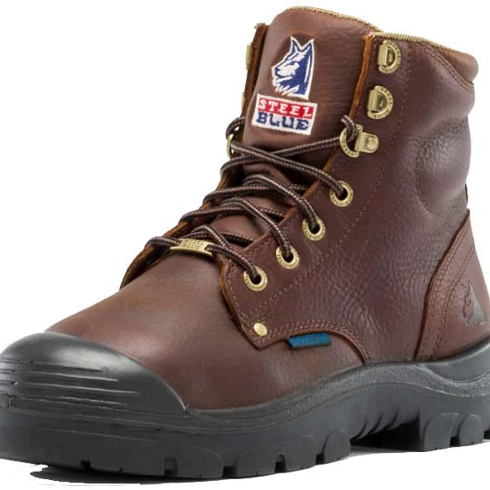 Side of Steel Blue Argyle Zip: Met / PR Midsole / Bump Cap Work Boot in Oak