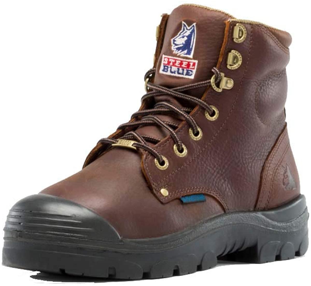 Side of Steel Blue Argyle Zip: Met / PR Midsole / Bump Cap Work Boot in Oak