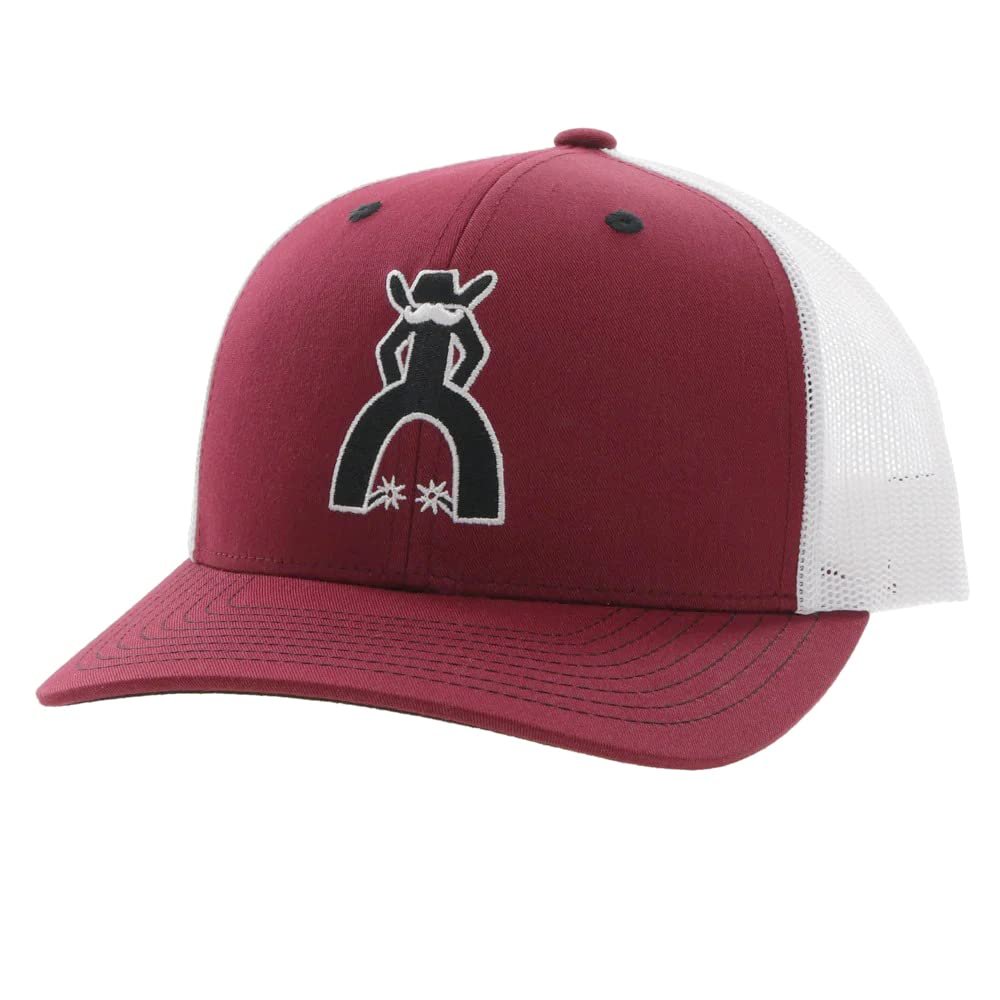 Maroon and white cap with a logo on a white background