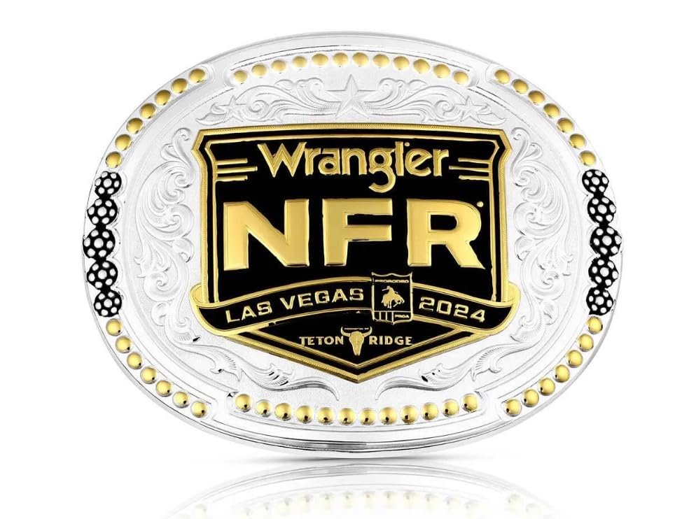 
                  
                    Close-up of the 2024 National Finals Rodeo Oval Belt Buckle – A detailed shot of the NFR 2024 western belt buckle, featuring a silver filigree frame, gold lettering, and black enamel background.

                  
                
