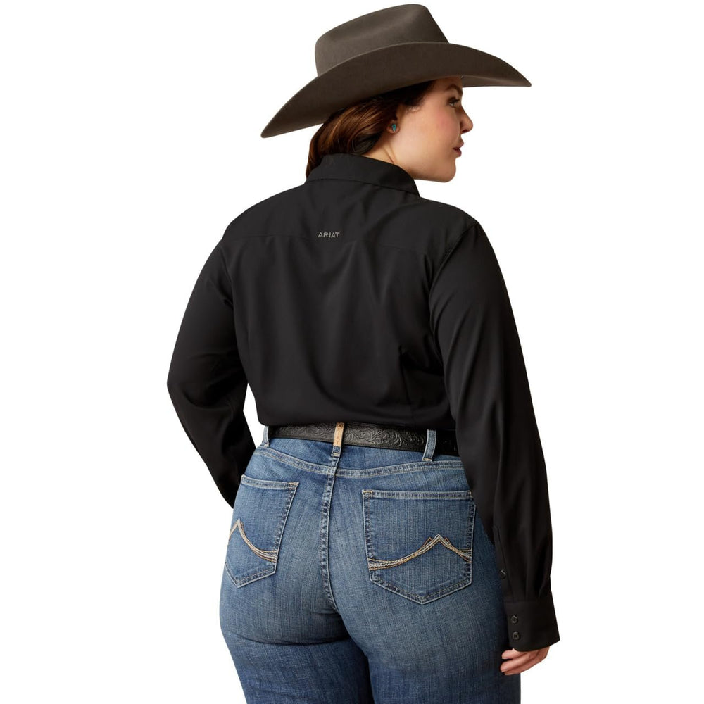 
                  
                    Back of Model Wearing Ariat Women's Team Kirby Stretch Shirt in Black
                  
                