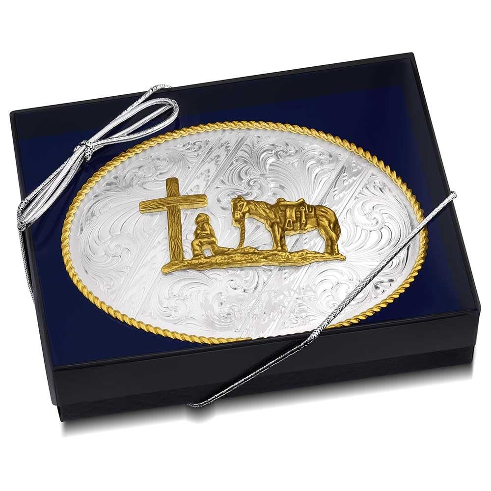 
                  
                    Montana Silversmiths Striking Engraved Belt Buckle With Christian Cowboy in Blue Packaging
                  
                