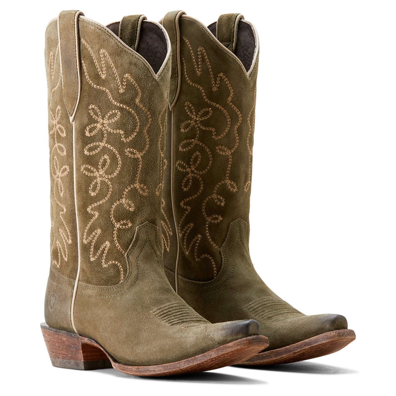 Pair of Ariat Women's Jukebox Western Boot in Soft Olive Suede