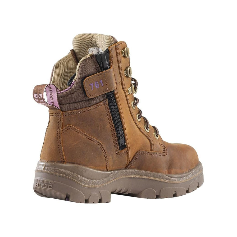 
                  
                    Angled Back View of Steel Blue Southern Cross Ladies Safety Boot in Distressed Brown
                  
                