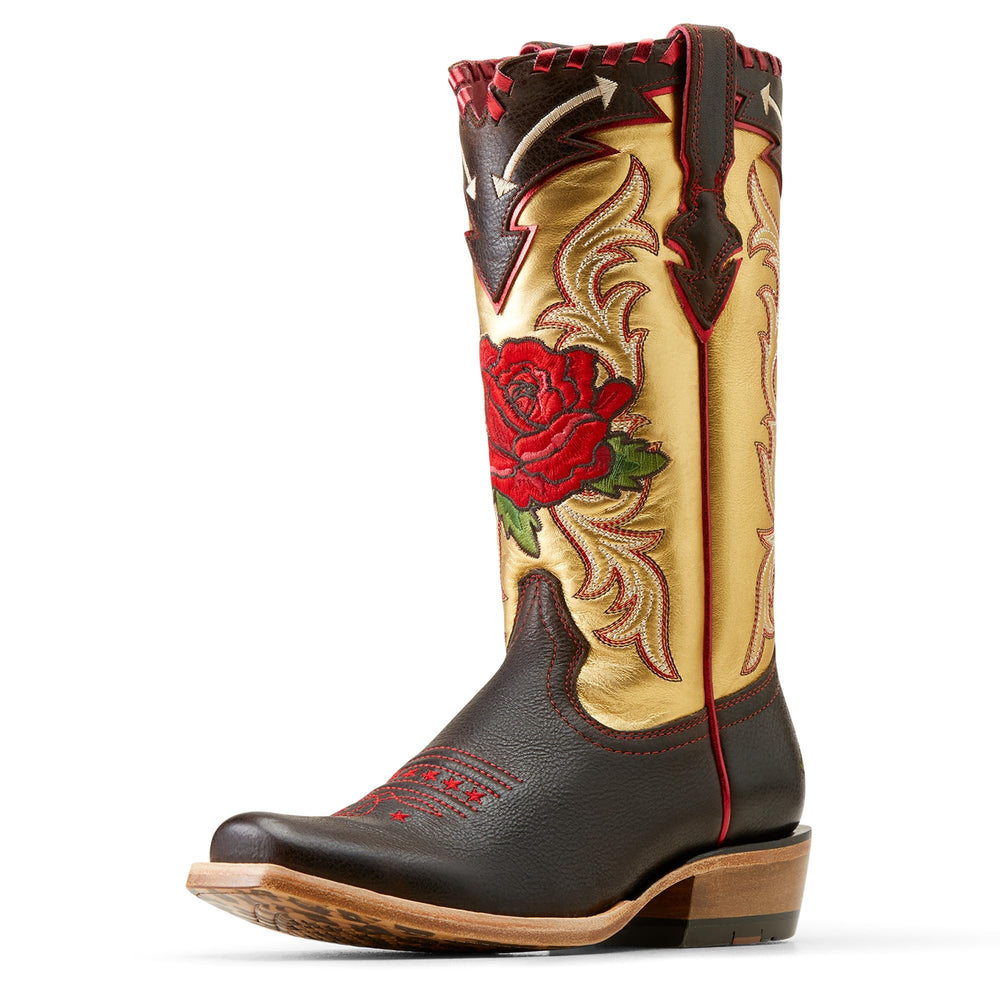 
                  
                    Front side view of Ariat Women's Futurity Rodeo Quincy Cutter Toe Western Boot, Toffee Crunch/Range Riding Ruby
                  
                