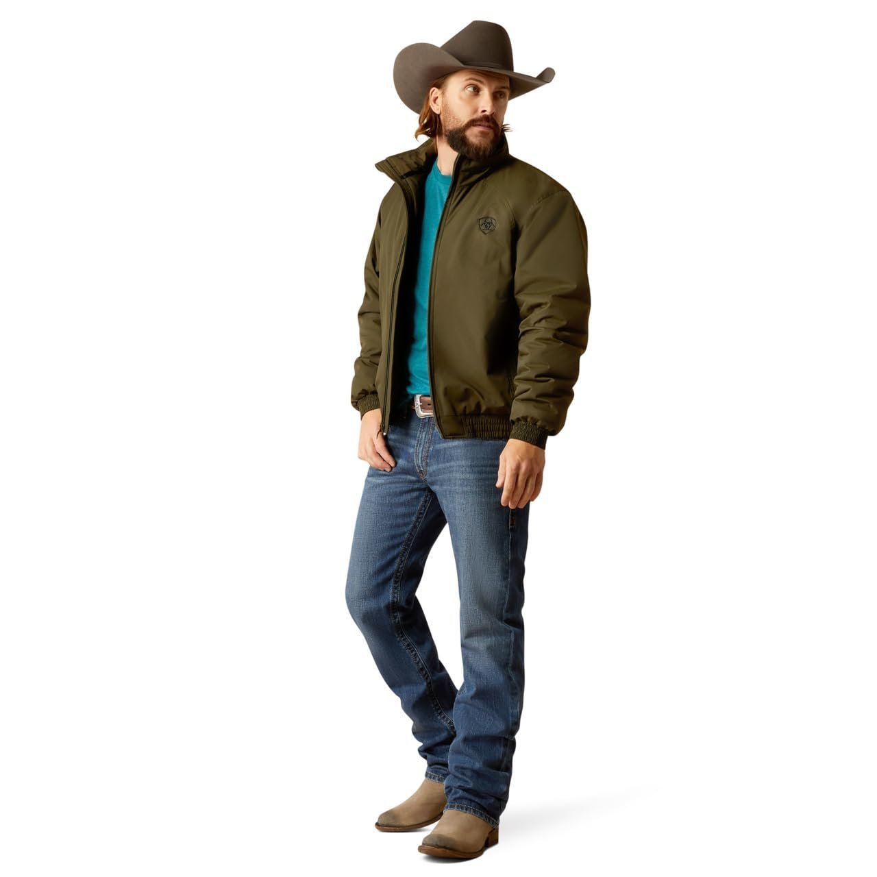 Man Wearing Ariat Men's Team Insulated Jacket in Relic