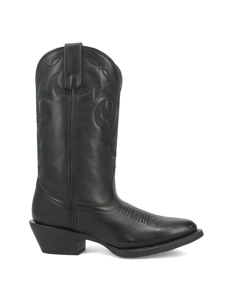 Side profile shot of the black Laredo Women’s Maxine Performance Western Boot, highlighting the stitched shaft design, pull-on tabs, and 2" western heel.
