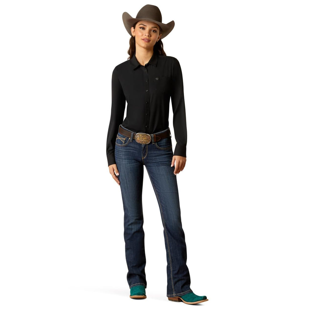 
                  
                    Model Wearing Ariat Women's Team Kirby Stretch Shirt in Black
                  
                