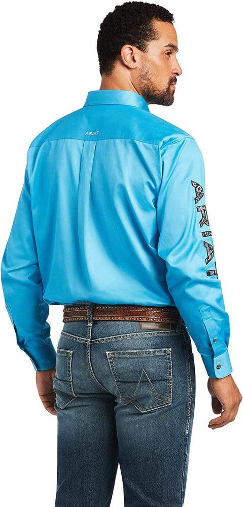 
                  
                    Back of Ariat Men's Team Logo Twill Classic Fit Shirt in Riveria/Leather Tool
                  
                