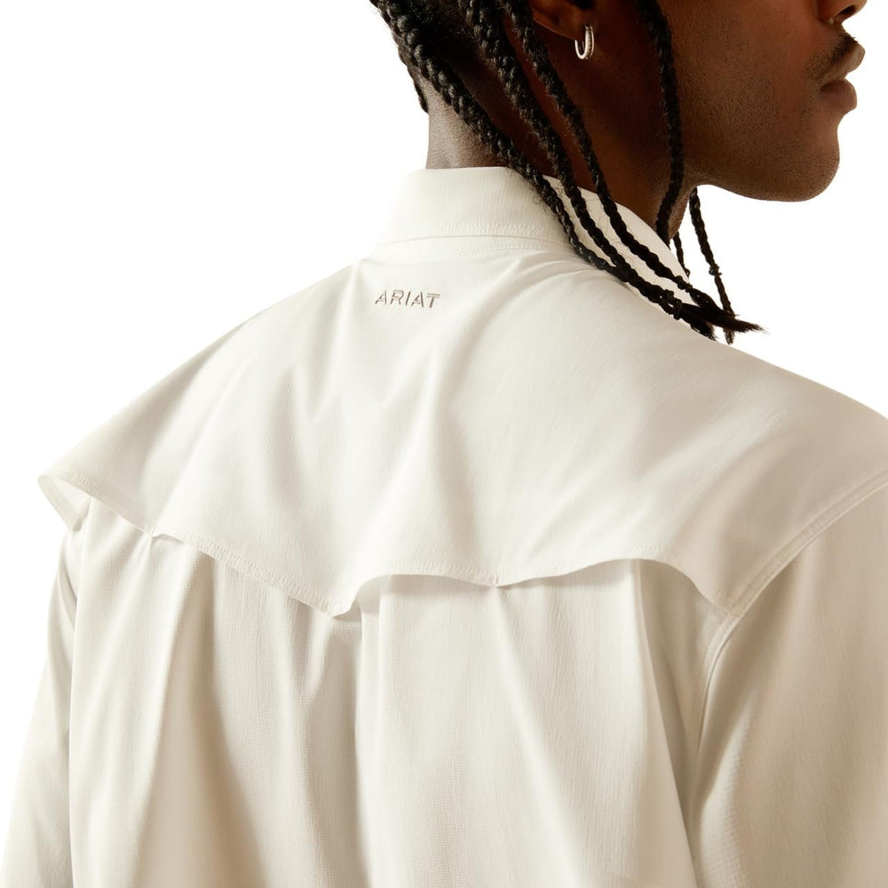 
                  
                    Logo on the Back of Ariat Men's Western VentTEK Classic Fit Shirt in White
                  
                