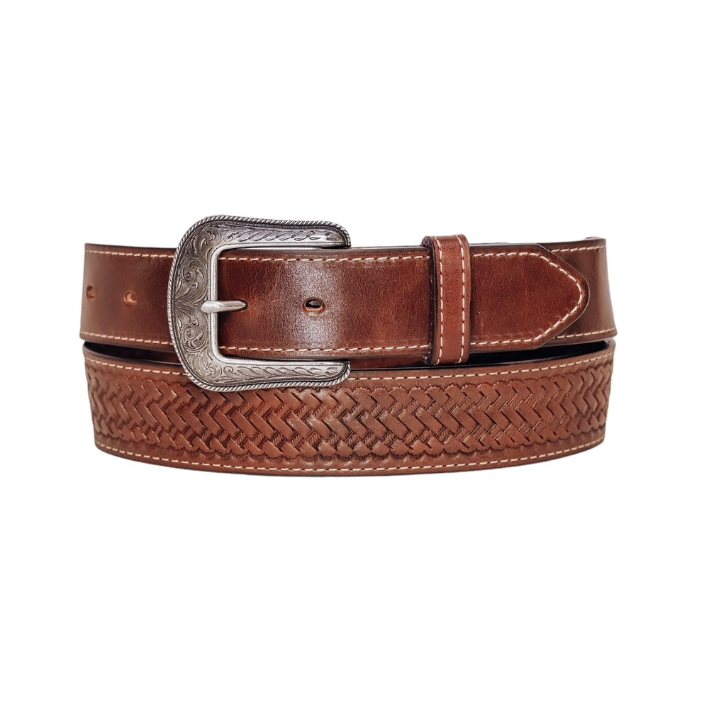 Brown leather belt with woven pattern and silver buckle on a white background