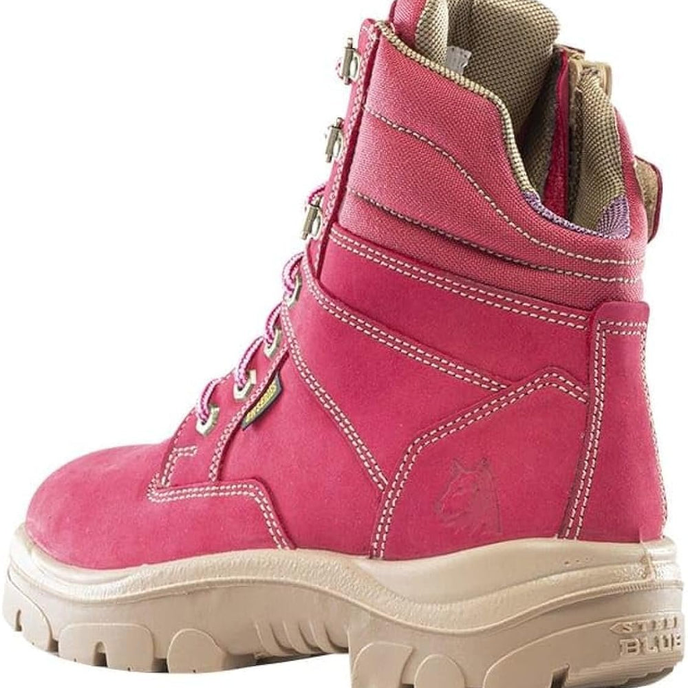 
                  
                    Angled Back View of Steel Blue Southern Cross Ladies Safety Boot in Pink
                  
                