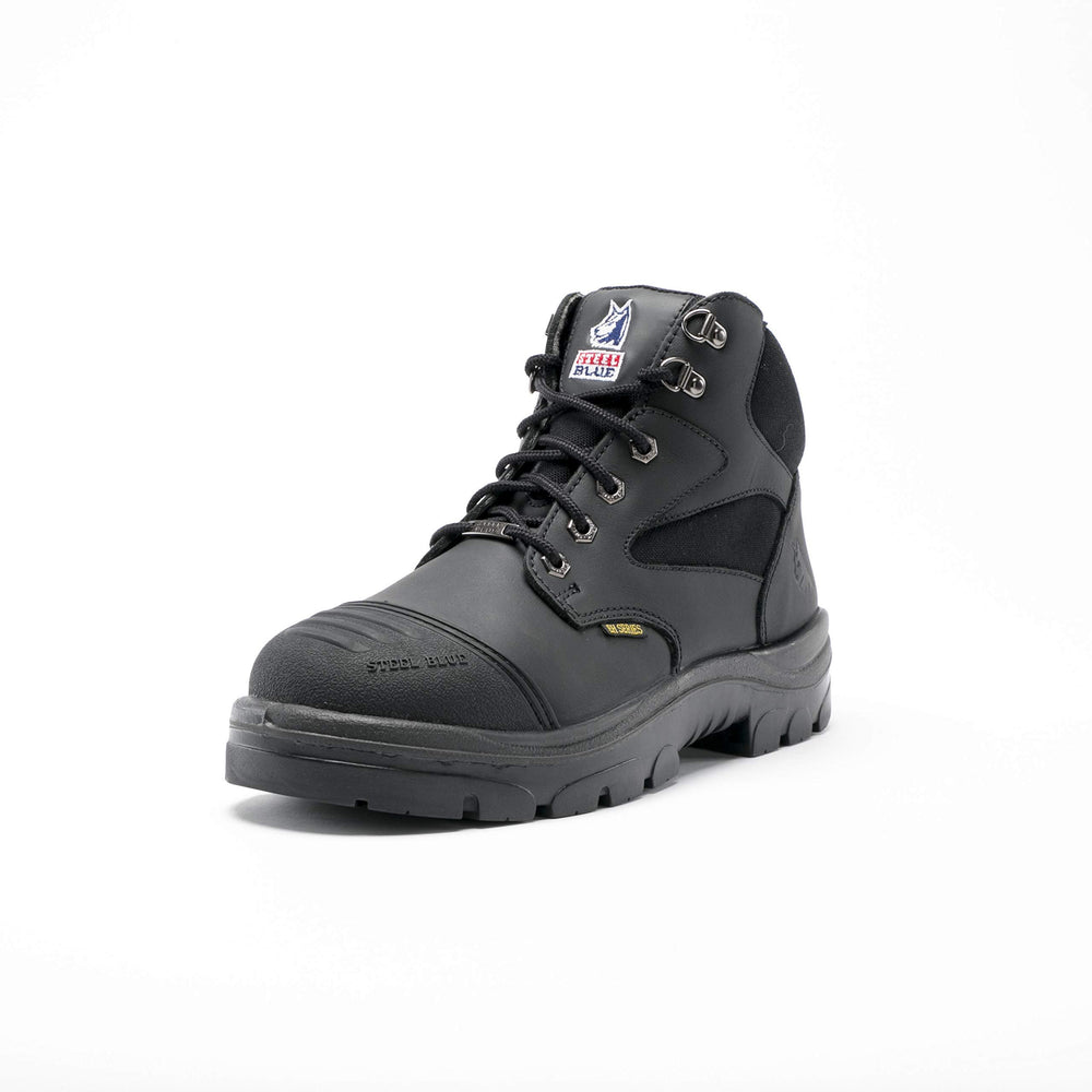 
                  
                    Angled Front View of Steel Blue Parkes Zip Work Boot in Black
                  
                