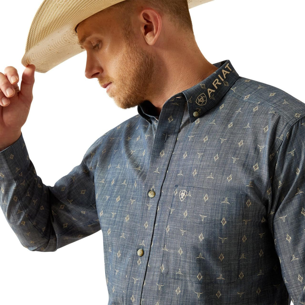 
                  
                    Close-up of Ariat Men's Team Philibert Classic Fit Shirt in Chambray Blue/Khaki
                  
                