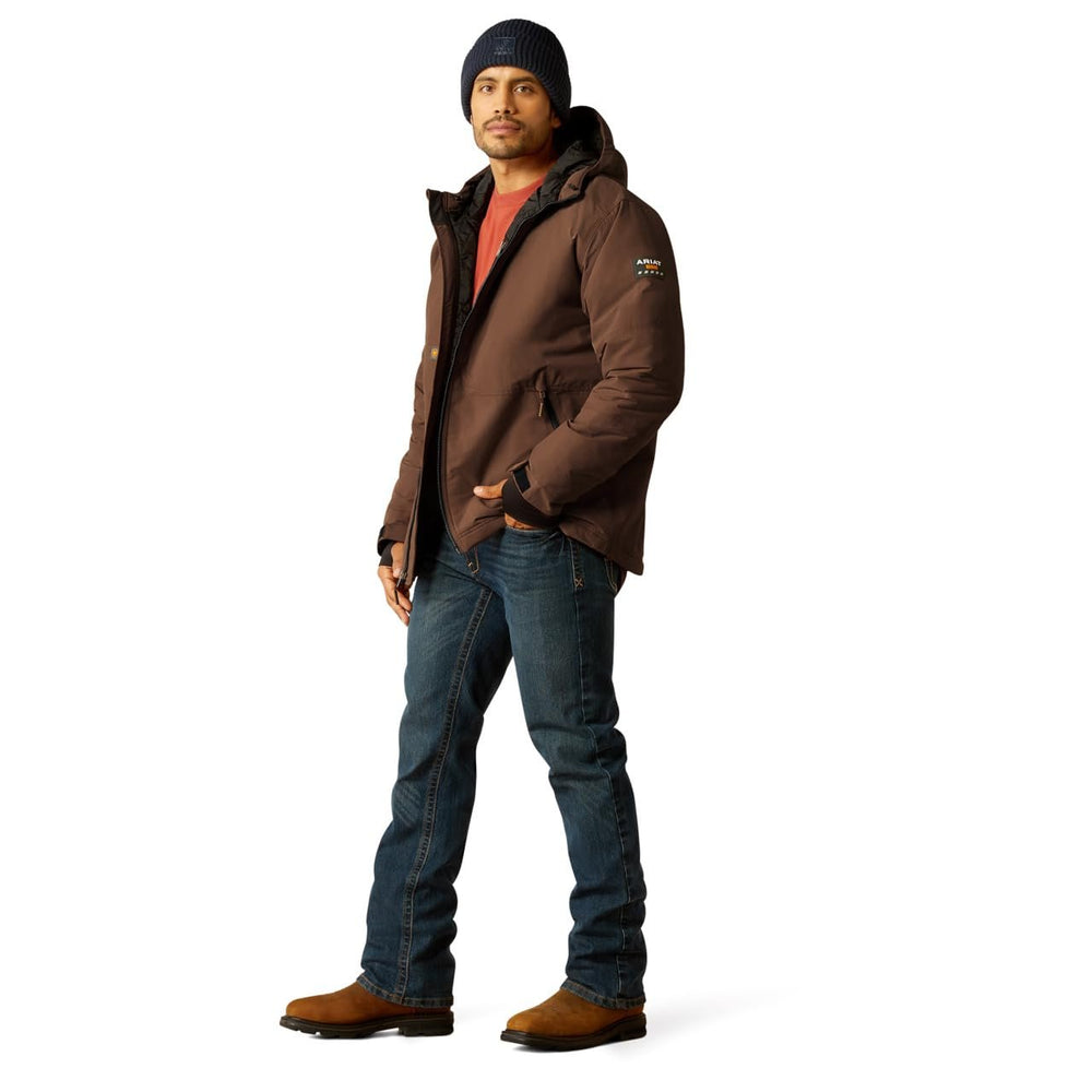 Model Wearing Ariat Men's Rebar Cordura Ripstop Insulated Jacket in Aztec