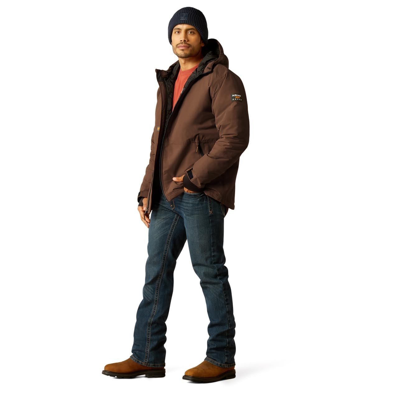 Model Wearing Ariat Men's Rebar Cordura Ripstop Insulated Jacket in Aztec