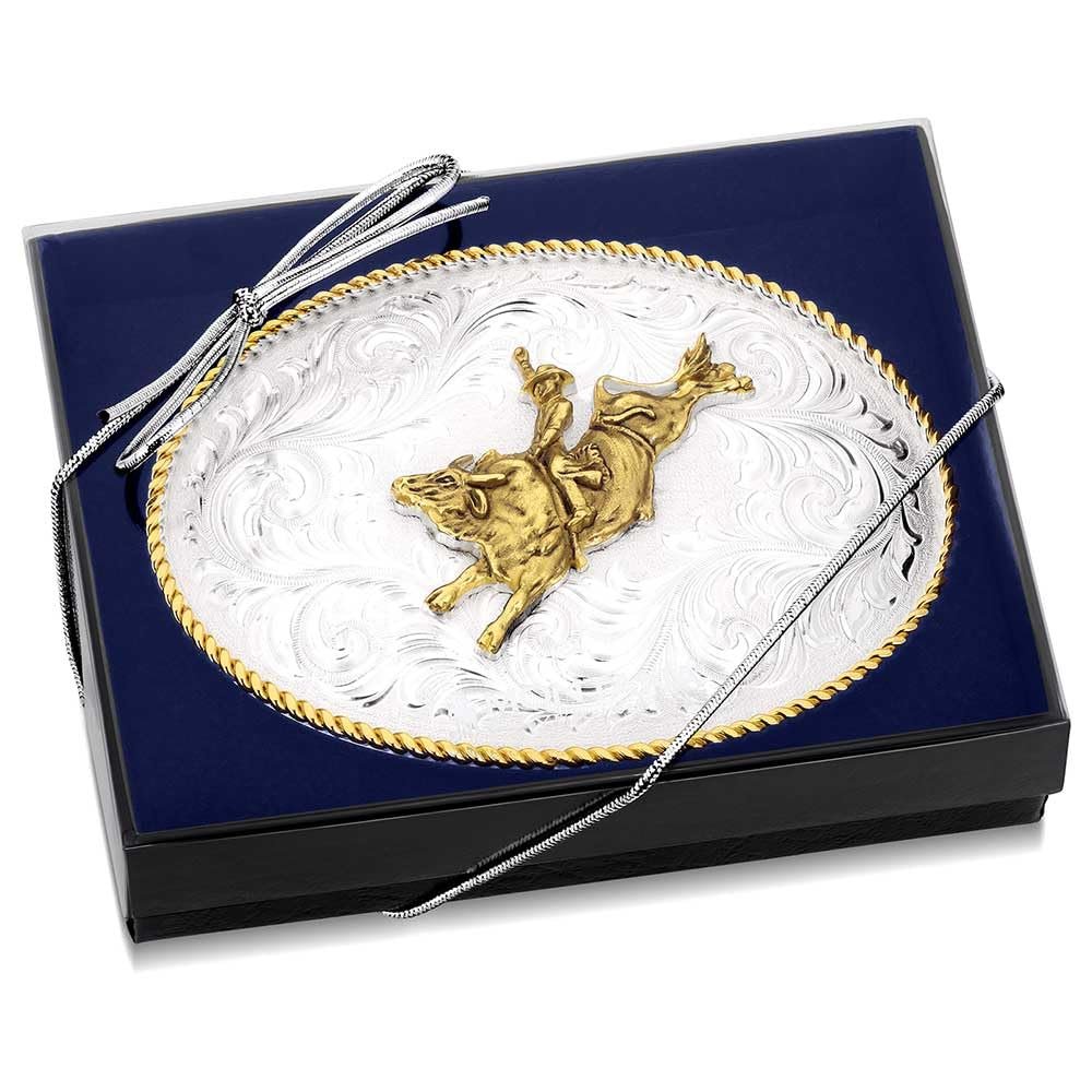 
                  
                    Montana Silversmiths Classic Western Two-Tone Buckle With Bull Rider in Luxurious Blue Packaging
                  
                