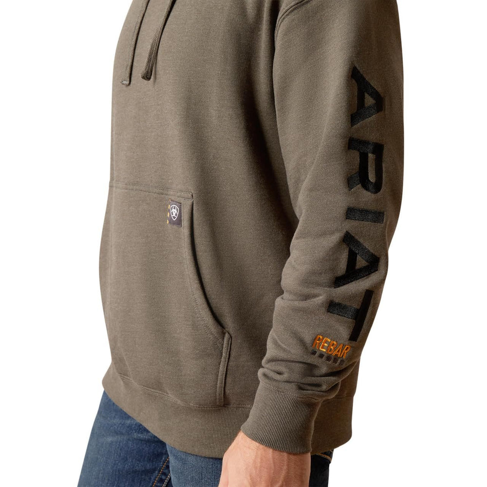 
                  
                    Logo on Sleeve of Ariat Men's Rebar Graphic Hoodie in Beluga Heather/Black
                  
                