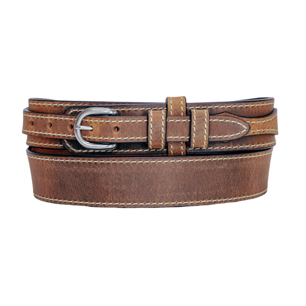 Brown leather belt with silver buckle on a white background