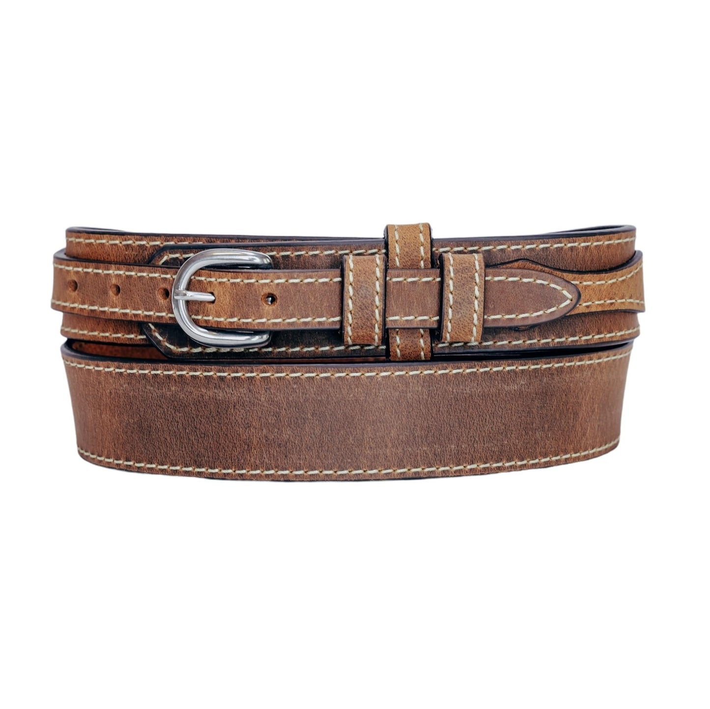 Brown leather belt with silver buckle on a white background