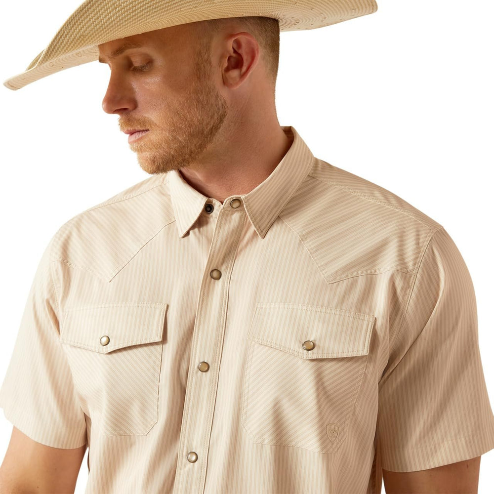 
                  
                    Close-up of Snap Buttons on Ariat Men's VentTEK Western Fitted Shirt in Tan
                  
                