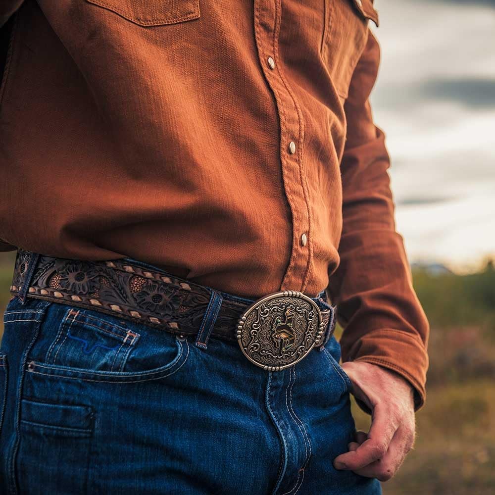 
                  
                    Man Wearing Montana Silversmiths Men's Sunrise Bronc Attitude Belt Buckle
                  
                