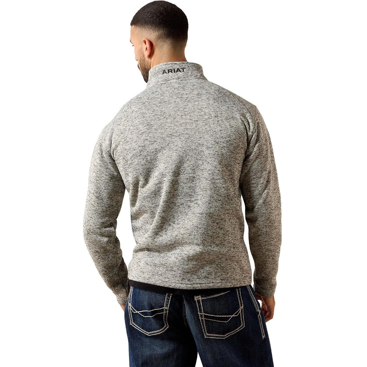 Back view of Ariat Men's Caldwell 1/4 Zip Sweater in heather grey