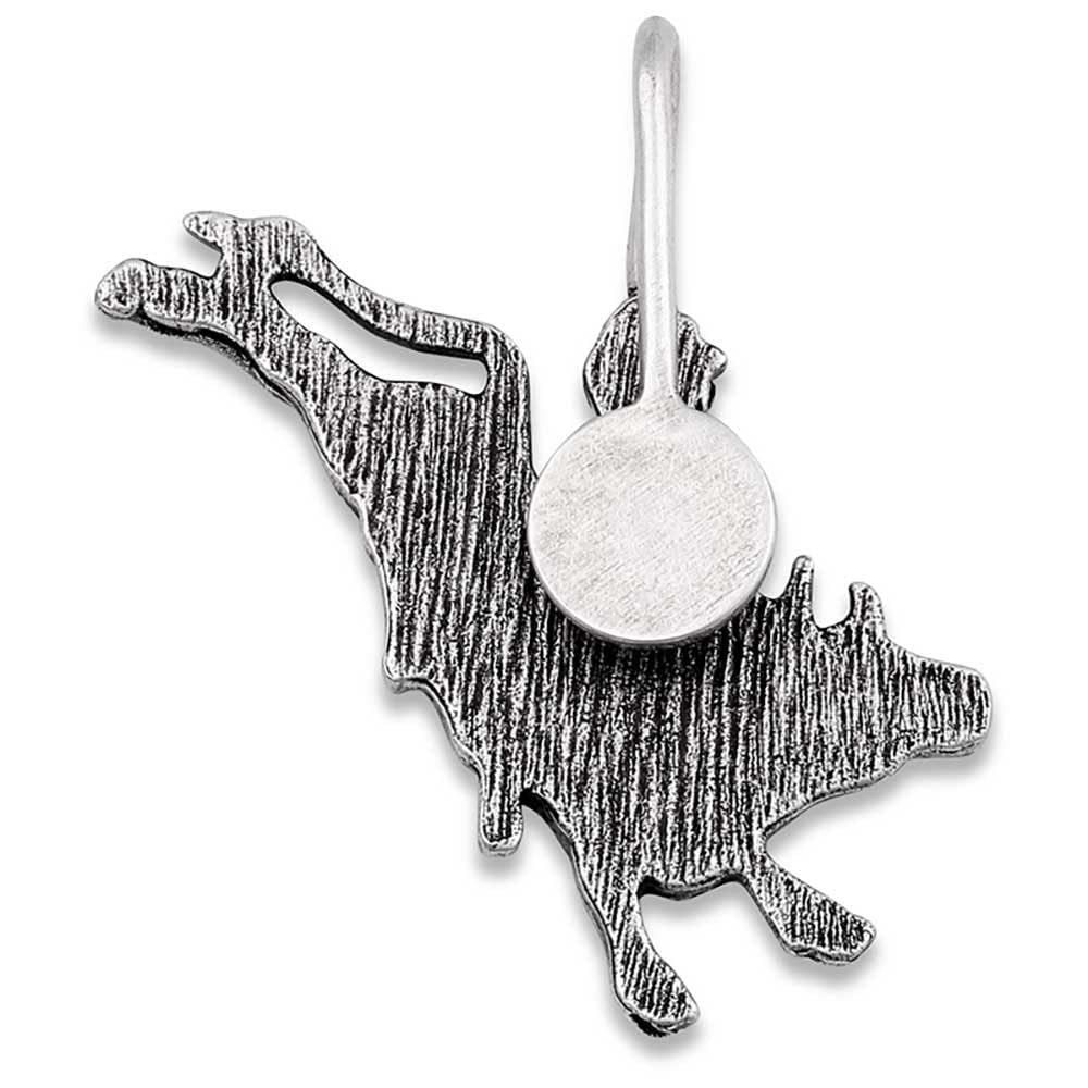 Back view of the Rider’s Resolve Hat Clip. The reverse side of the cowboy hat charm, showing textured metal and a sturdy clip attachment