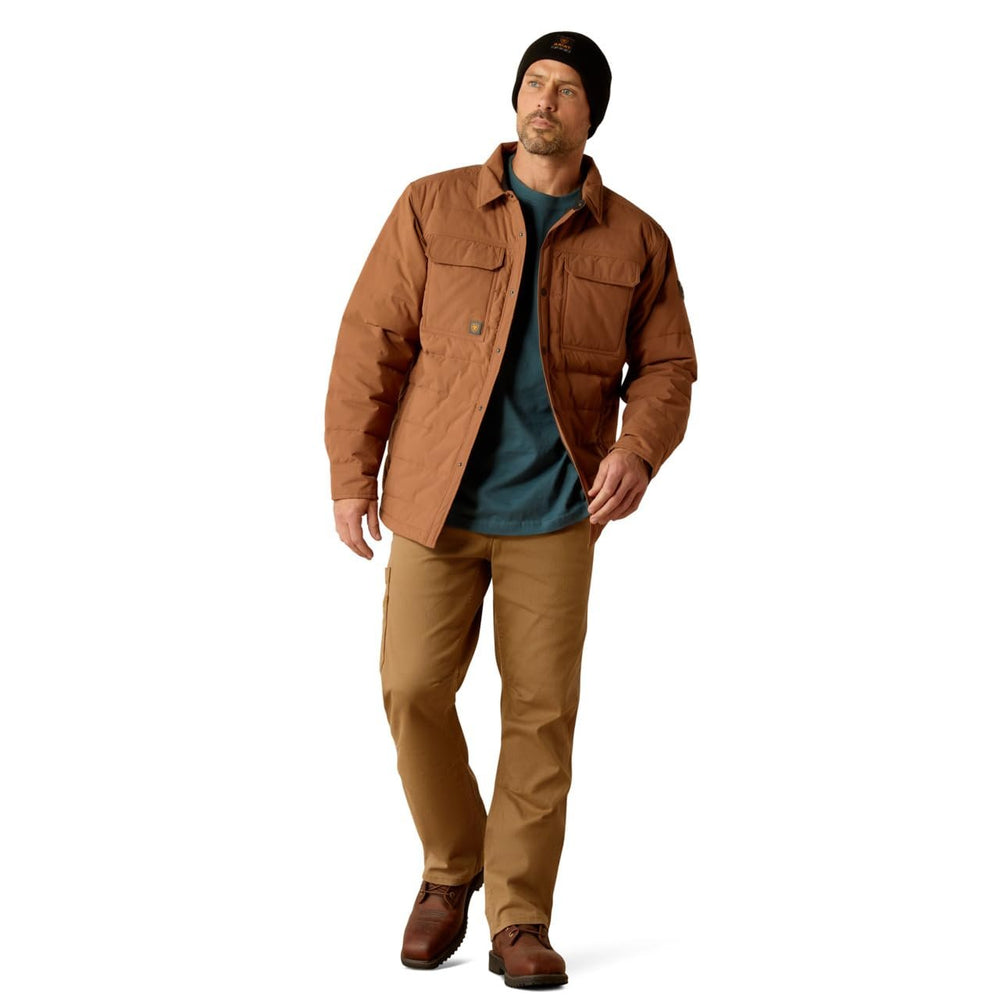 Man Wearing Ariat Men's Rebar Cordura Ripstop Insulated Shirt Jacket in Aztec