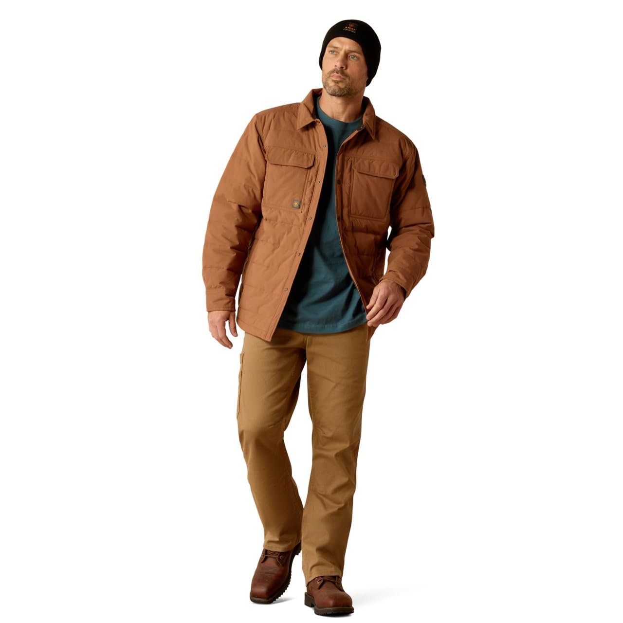 Man Wearing Ariat Men's Rebar Cordura Ripstop Insulated Shirt Jacket in Aztec