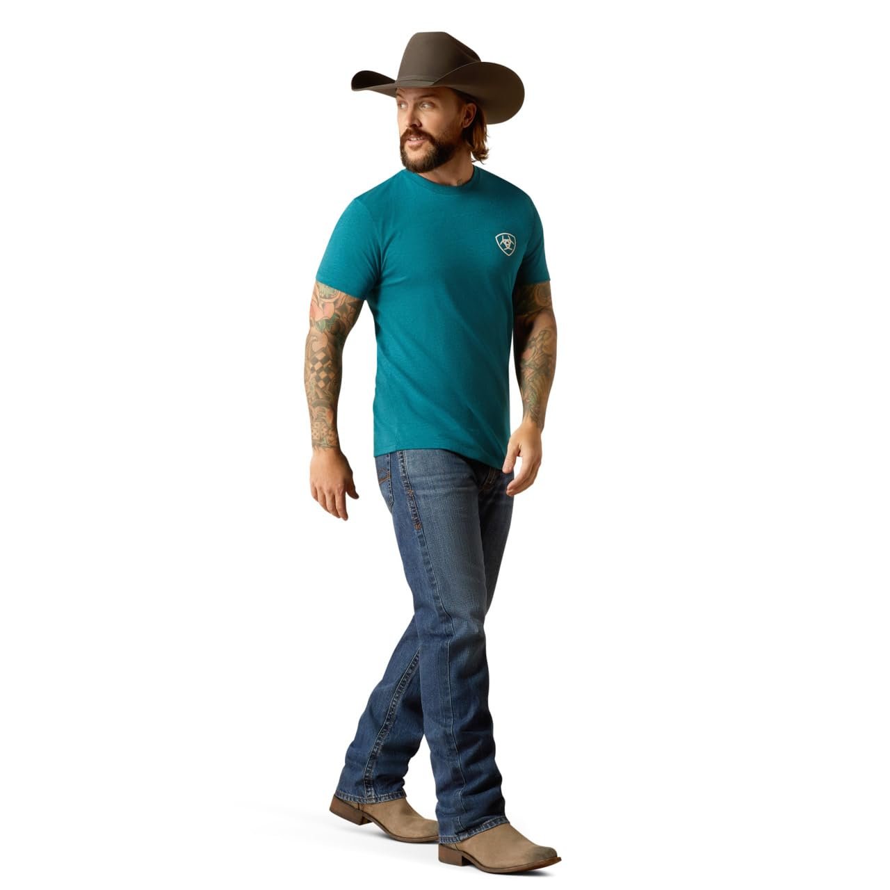Man Wearing Ariat Men's Stacks T-Shirt in Cyan