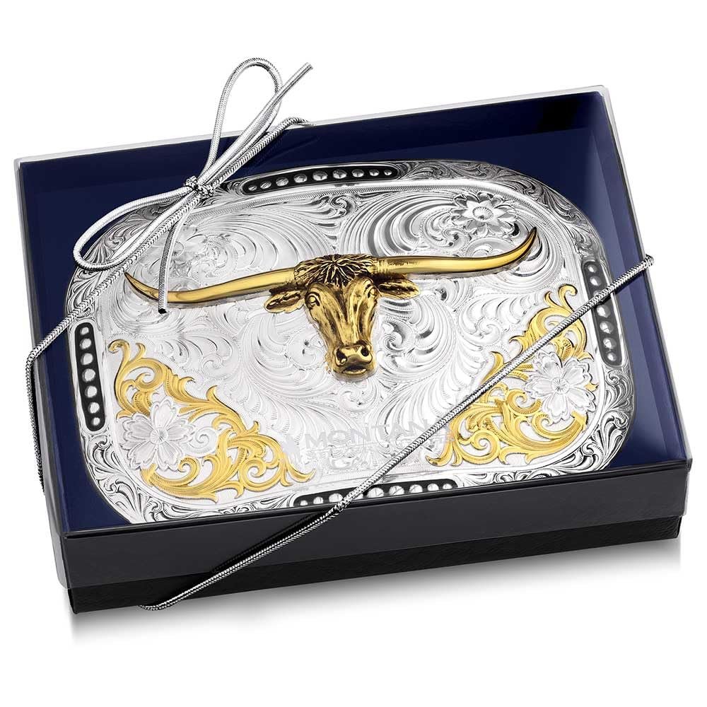 
                  
                    Montana Silversmiths Class Act Two Tone Belt Buckle With Longhorn in Packaging
                  
                