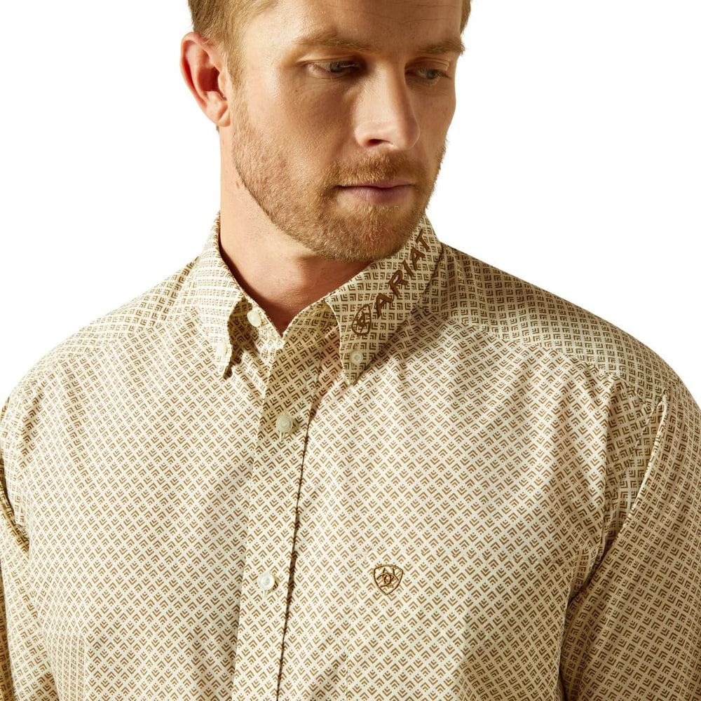 
                  
                    Collar close-up of Ariat Men's Team Pierce Classic Fit Shirt, Cream/Light Brown
                  
                