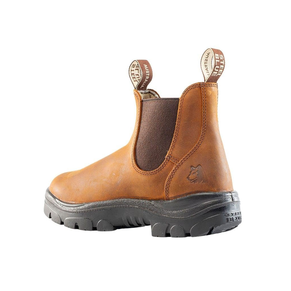 
                  
                    Angled Back View of Steel Blue Hobart: Soft Toe Work Boot in Brown
                  
                