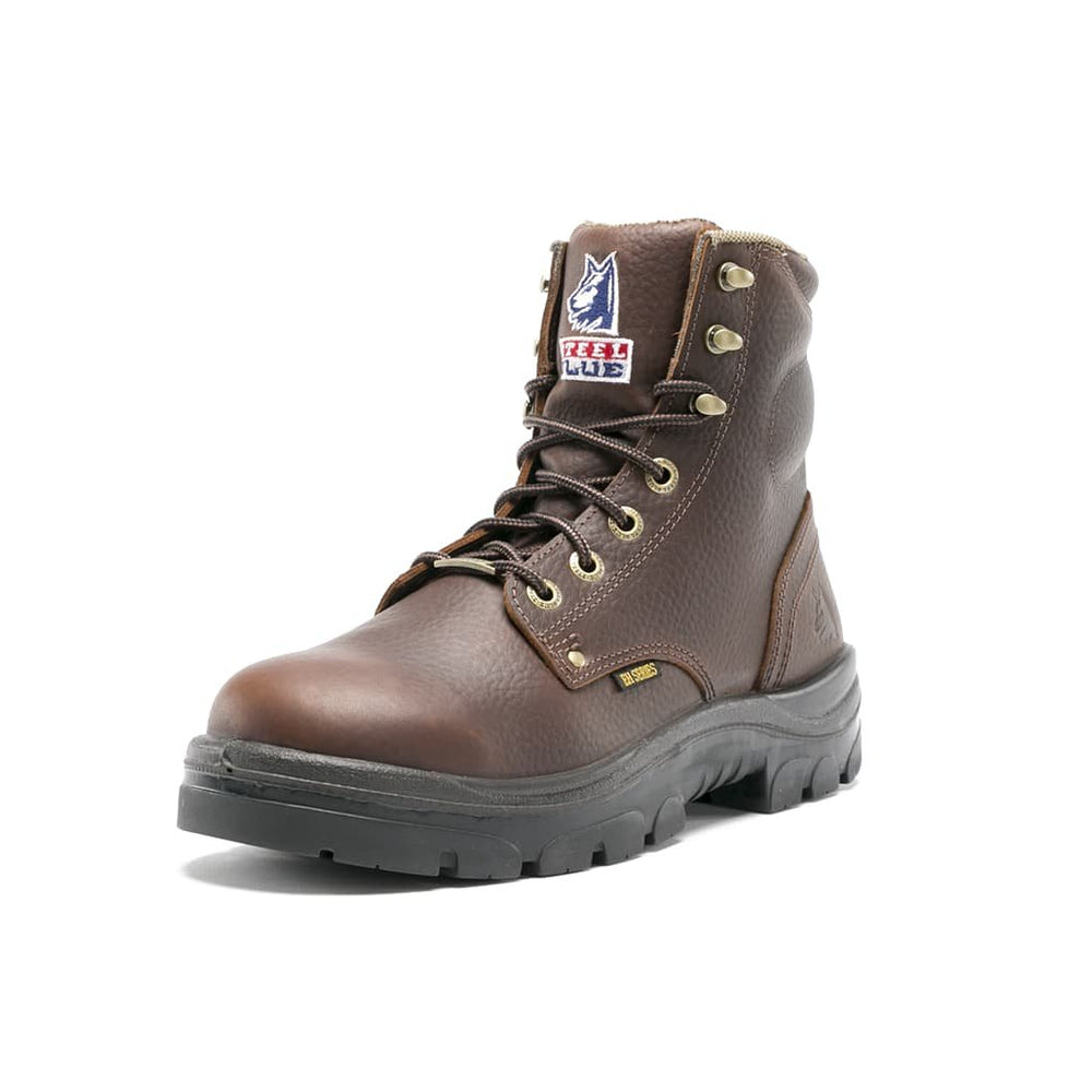 Angled View of Steel Blue Argyle Safety Boot in Oak