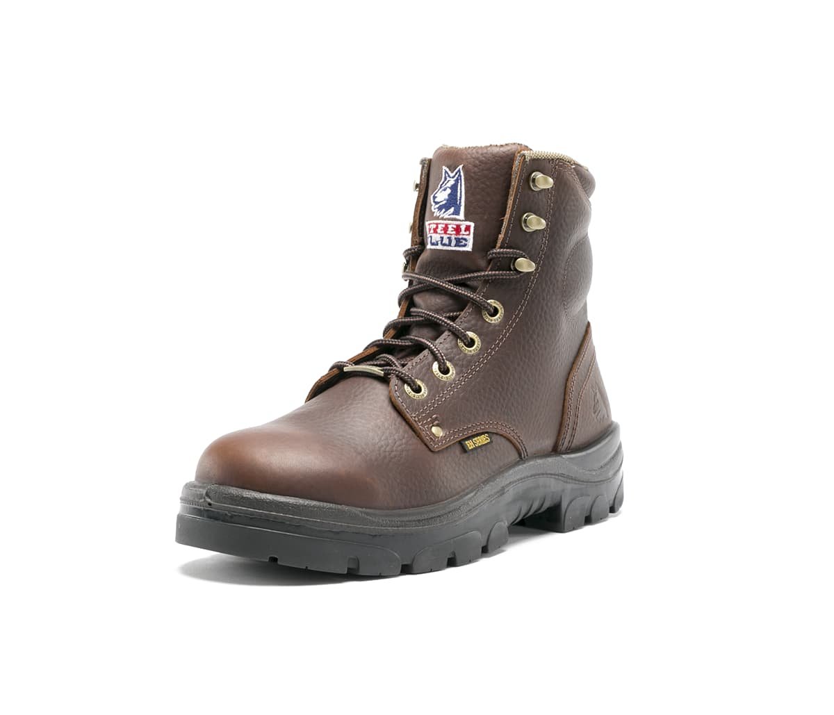 Angled View of Steel Blue Argyle Safety Boot in Oak