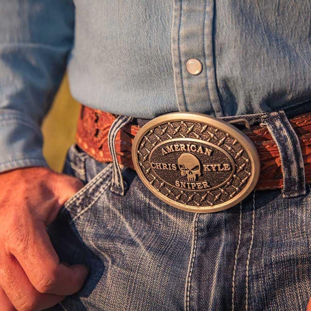 
                  
                    Man Wearing Montana Silversmiths Sniper Chris Kyle Attitude Buckle
                  
                