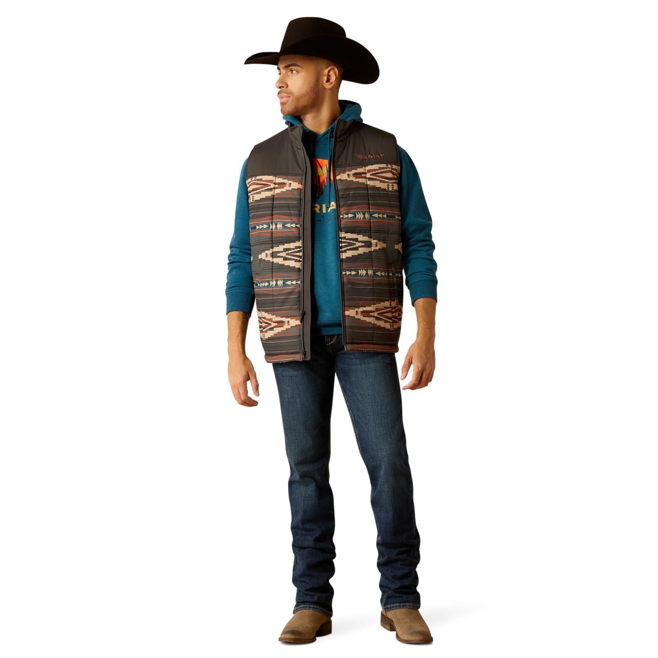 Man Wearing Ariat Men's Crius Insulated Vest in Cornstalk