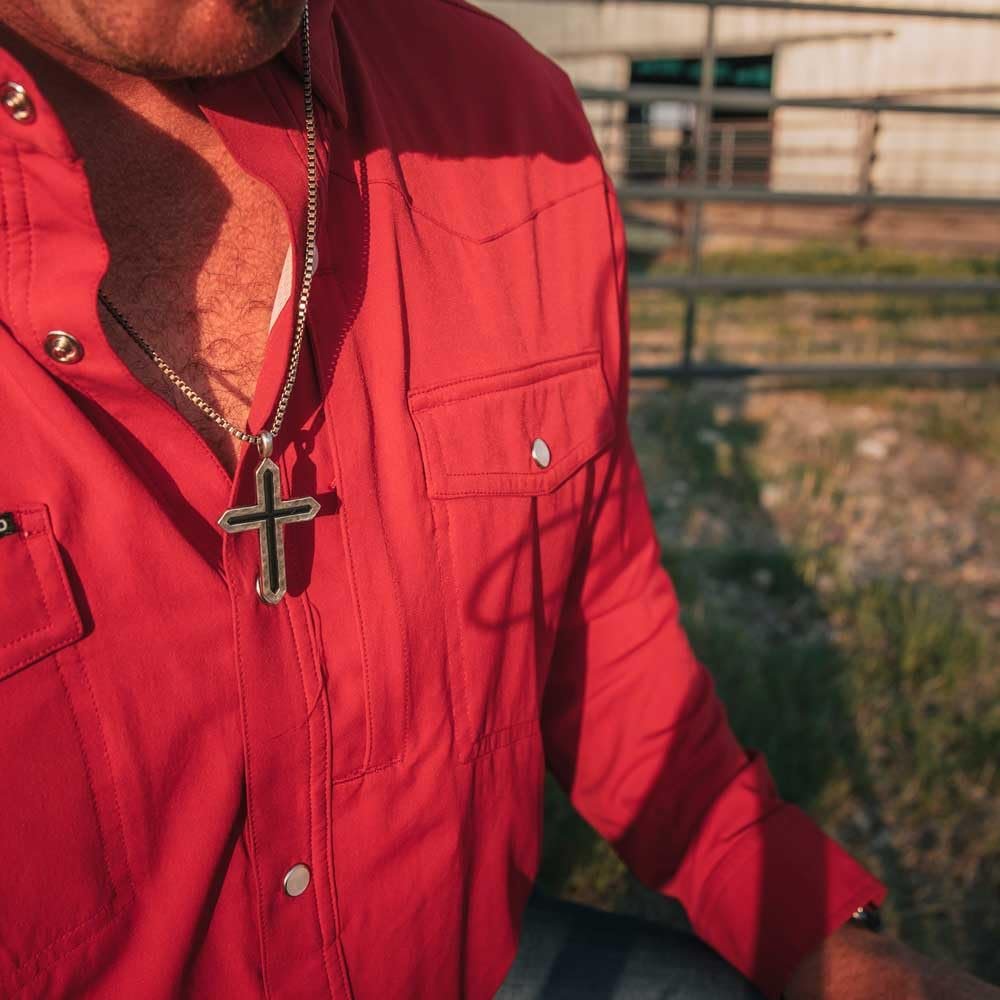 Man Wearing Montana Silversmiths Deep Faith Cross Necklace