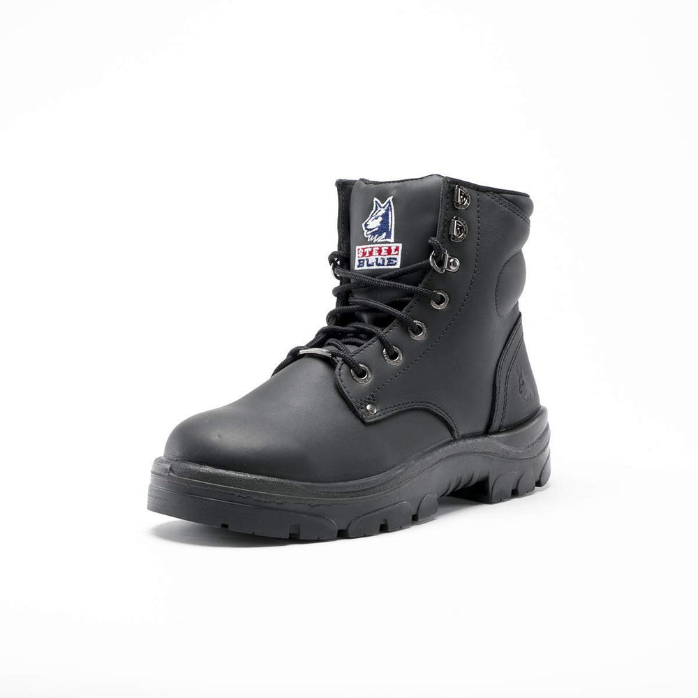 
                  
                    Angled Front View of Steel Blue Argyle Zip Work Boots in Black
                  
                