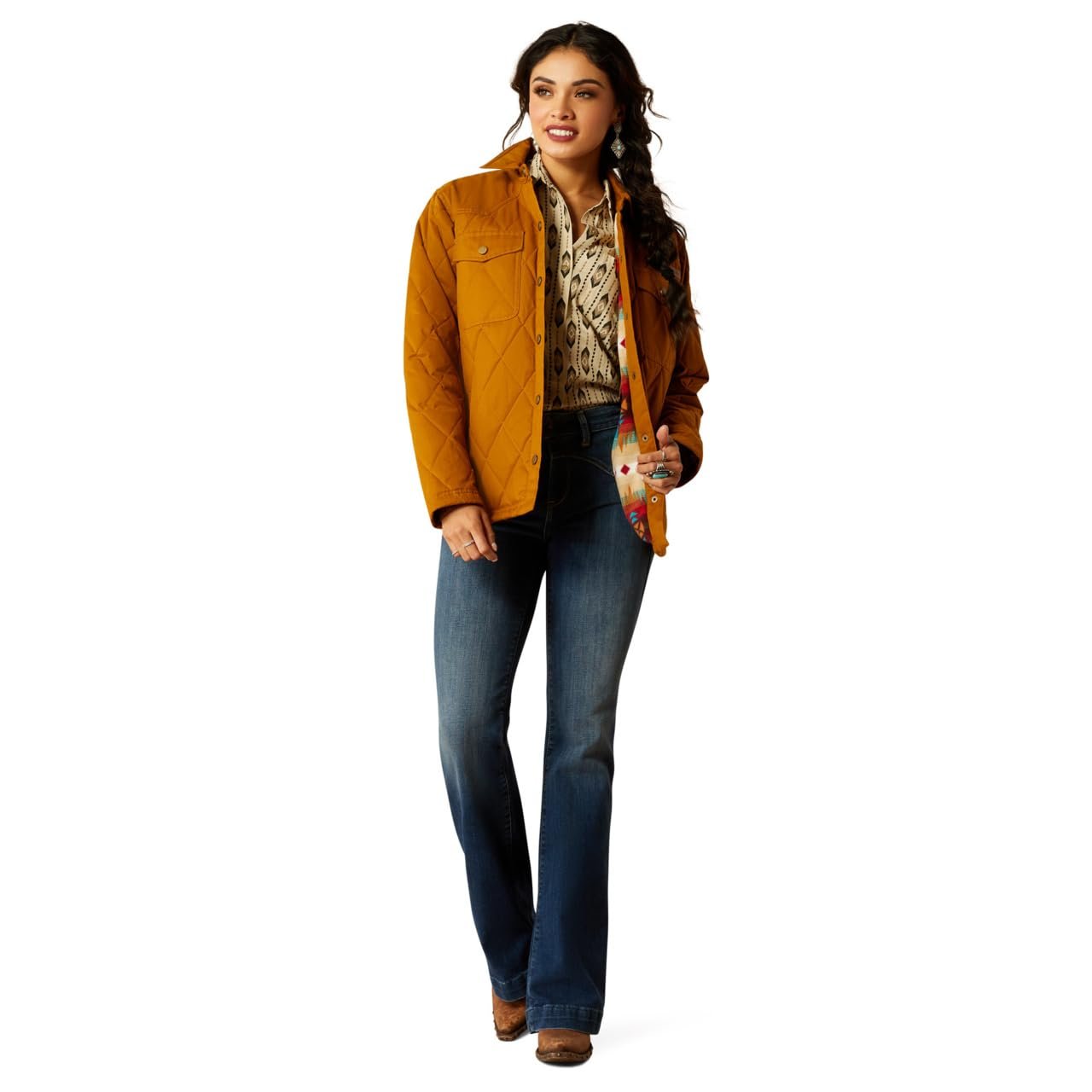 Model Wearing Ariat Women's Grizzly Quilted Barn Jacket in Chestnut Horse