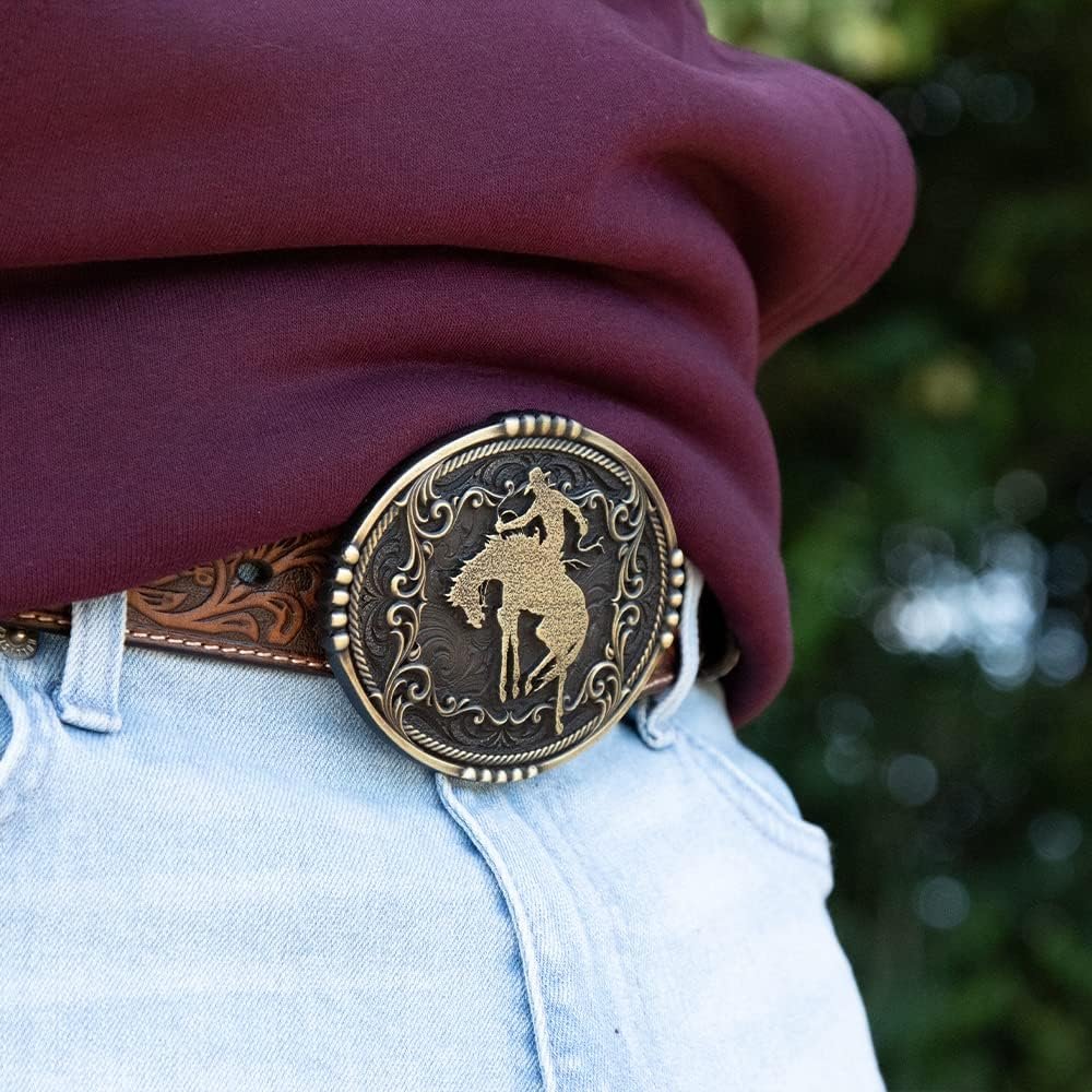 
                  
                    Man Wearing Montana Silversmiths Bucking Bronc Attitude Belt Buckle
                  
                