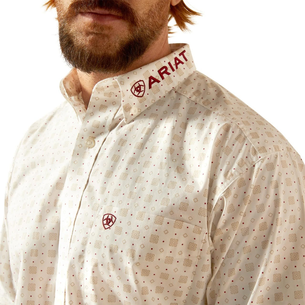 
                  
                    Close-up of Ariat Men's Team King Classic Fit Shirt in White/Brick
                  
                