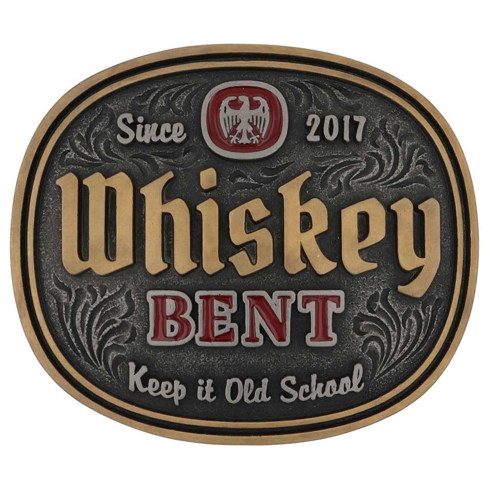 Close-up of Keep It Old School Whiskey Bent Western Belt Buckle – A detailed shot of the oval western belt buckle featuring bold gold-tone "Whiskey Bent" lettering, red accents, and intricate silver engraving.
