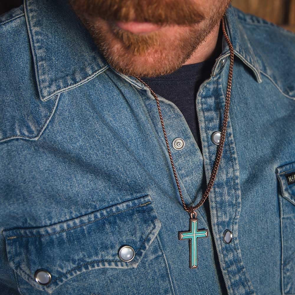 Man Wearing Montana Silversmiths Men's Eternal Life Cross Necklace