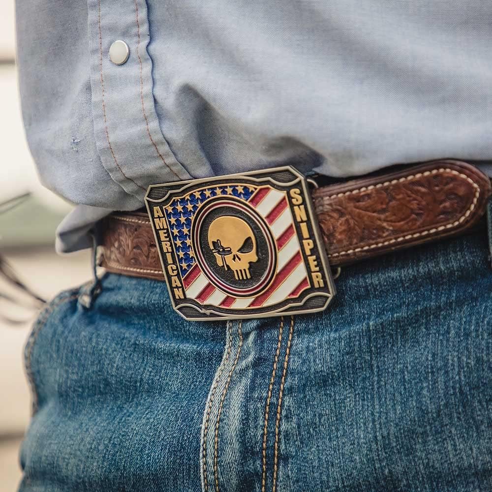 
                  
                    Man Wearing Montana Silversmiths Men's Patriotic Duty Chris Kyle Attitude Belt Buckle
                  
                