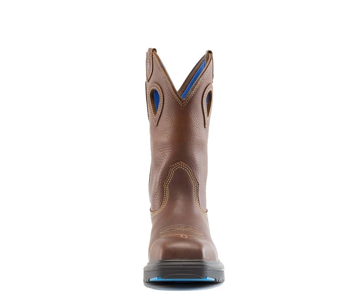 Steel Blue men's leather work boots with internal met guard, steel toe protection, and rugged western styling.