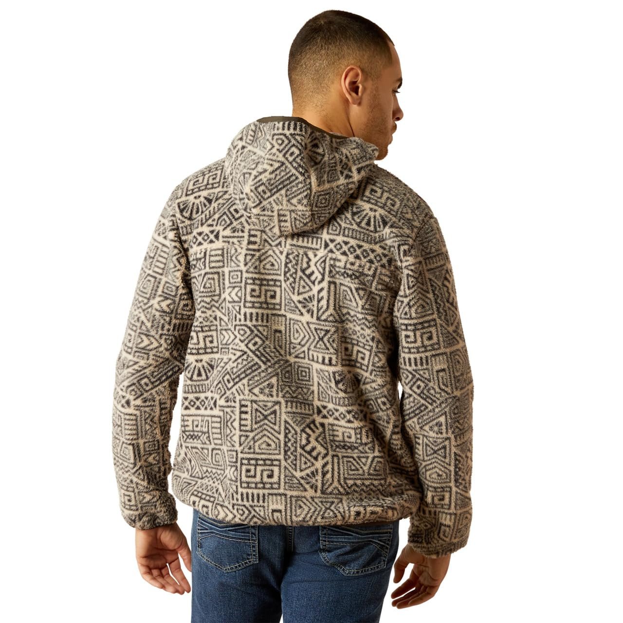 Man Wearing Ariat Men's Polar Bear Fleece Hoodie in Light Brindle, Facing Back